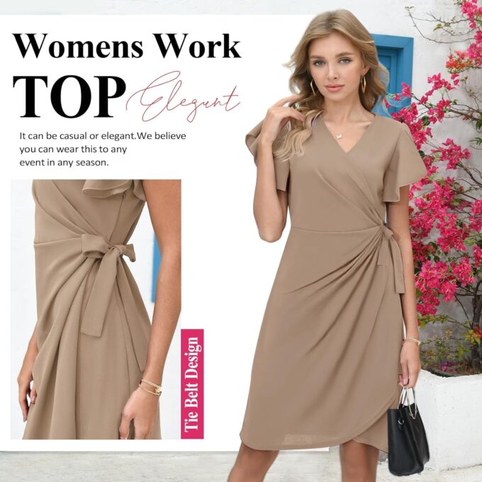 G&Y Damen-Midikleid mit tiefem V-Ausschnitt, Rüschenärmeln – klassische Cocktail-Party, Arbeit, Wickeloptik – Bild 4