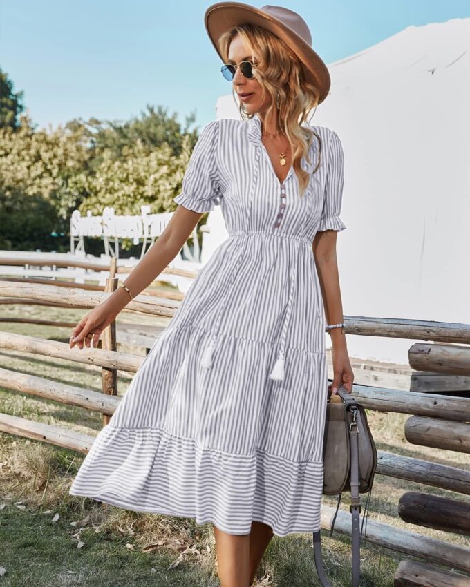 Sexyasasii Women's Summer Ruffle Puff Sleeve Dress Short Sleeve V Neck High Waist Casual Loose Striped Midi Dresses – Bild 7