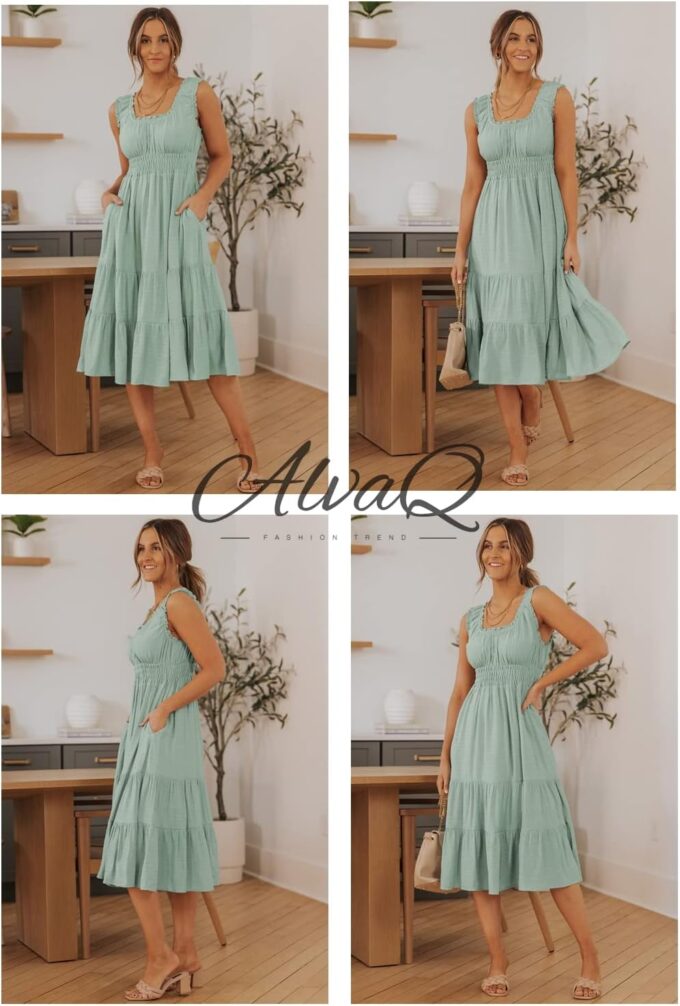 AlvaQ Women Summer Dresses Sleeveless Smocked Midi Dress High Waist Casual Tiered A Line Sundress with Pockets – Bild 4