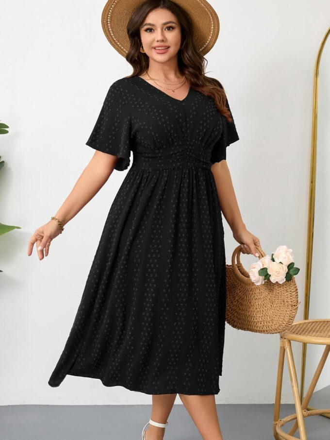 RWJ Women's Plus Size Maxi Dress V Neck Short Sleeve Swiss Dot A Line High Waist Flowy Casual Summer Dresses 2025 – Bild 4