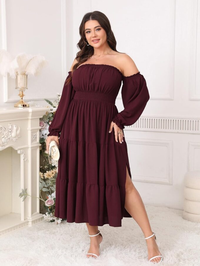 Women's Plus Size Maxi Dress Boho Off Shoulder Long Sleeve Smocked High Waist Side Split Flowy A Line Tiered Summer Dress – Bild 4