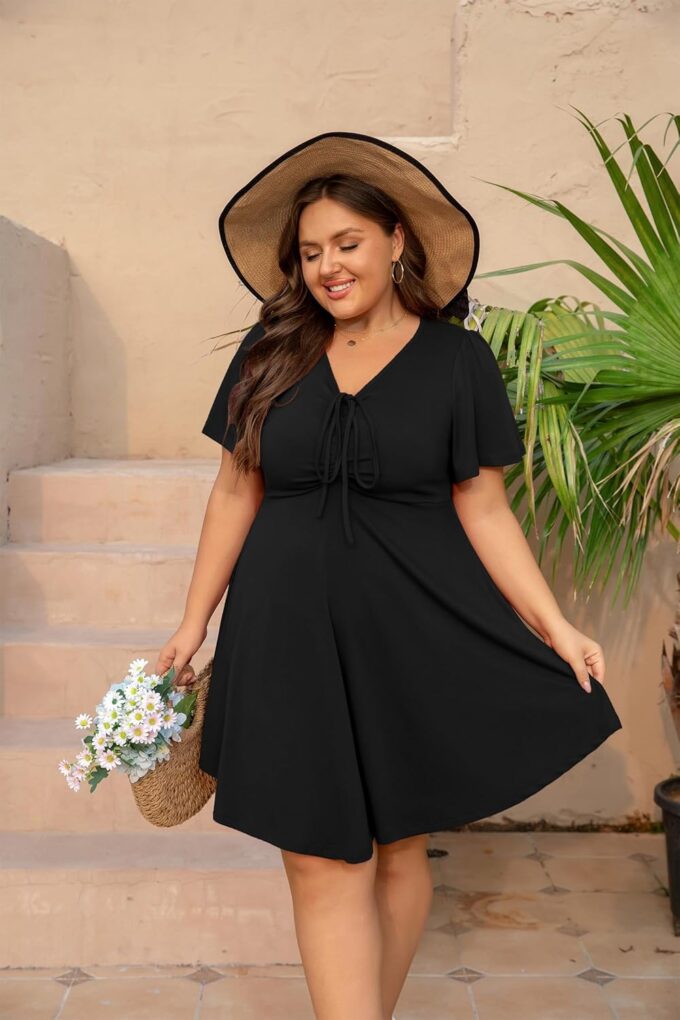Women's Plus Size Dresses Casual Flowy Dress with Pocket Short Ruffle Sleeve V Neck Drawstring Bow Summer – Bild 7