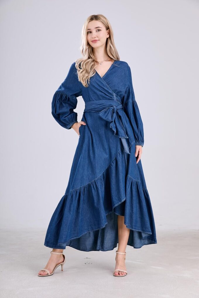 utcoco Womens Casual Belted Long Sleeve Denim Dress Wrapped V-Neck Ruffle Hem Maxi Denim Dresses for Women 2025 – Bild 3