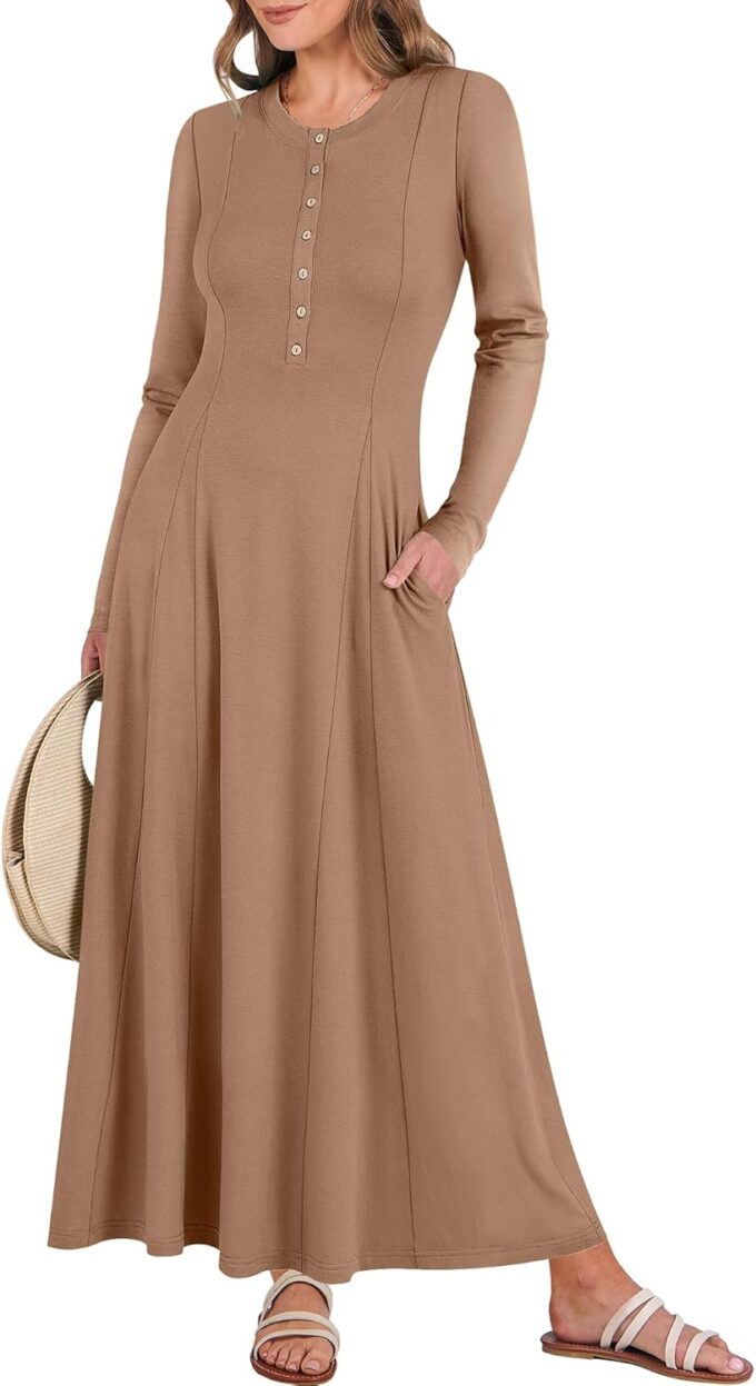 ANRABESS Women's Long Sleeve Maxi Dress 2025 Fall Casual Button Fit & Flare A-Line Swing Flowy Long Dresses Trendy Outfits