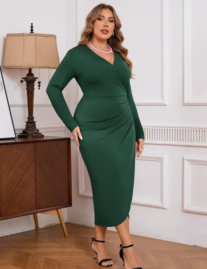 ZOMVA Plus Size Wrap Cocktail Dress V Neck Long Sleeves Midi Dress Fall Winter Wedding Guest Party Bodycon Dress – Bild 4