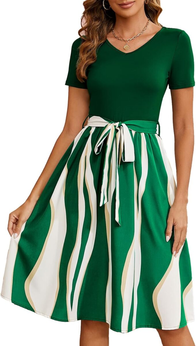 Damen Sommer Casual Elegant Vintage Streifen V-Ausschnitt Kurzarm Arbeit Party A-Linie Knielang Kleid mit Gürtel D824