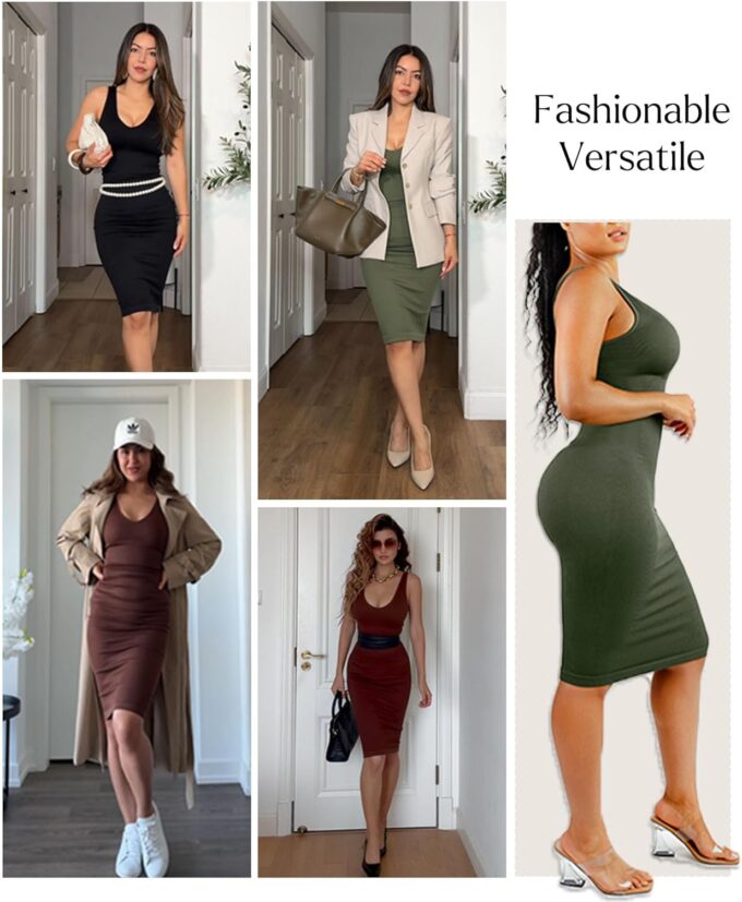Popilush Tummy Control Dress for Women Shapewear Bodycon Midi Dresses Sleeveless V Neck Summer Party Sundresses – Bild 2