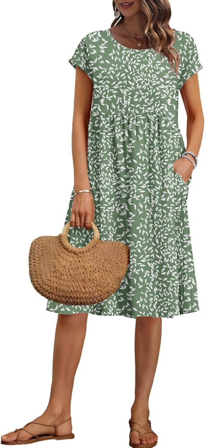 AUSELILY Women's Summer Short Sleeve Knee-Length Dresses Round Neck Loose Dress with Pockets 2025 New