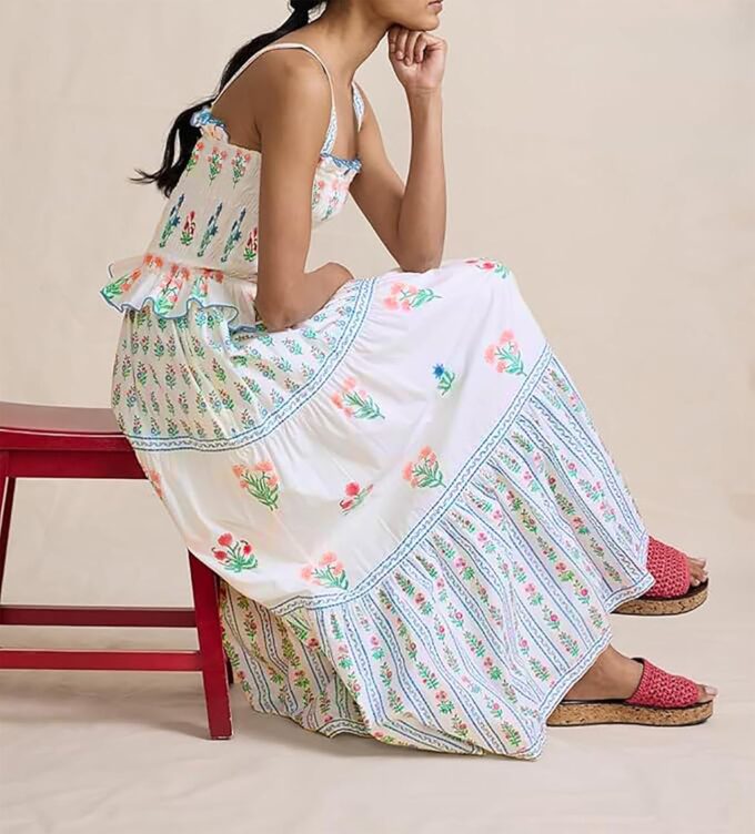 Women Summer Smocked Flowy Dress Spaghetti Strap Square Neck Floral Dress Ruffle Patchwork Boho A Line Midi Sun Dress – Bild 4