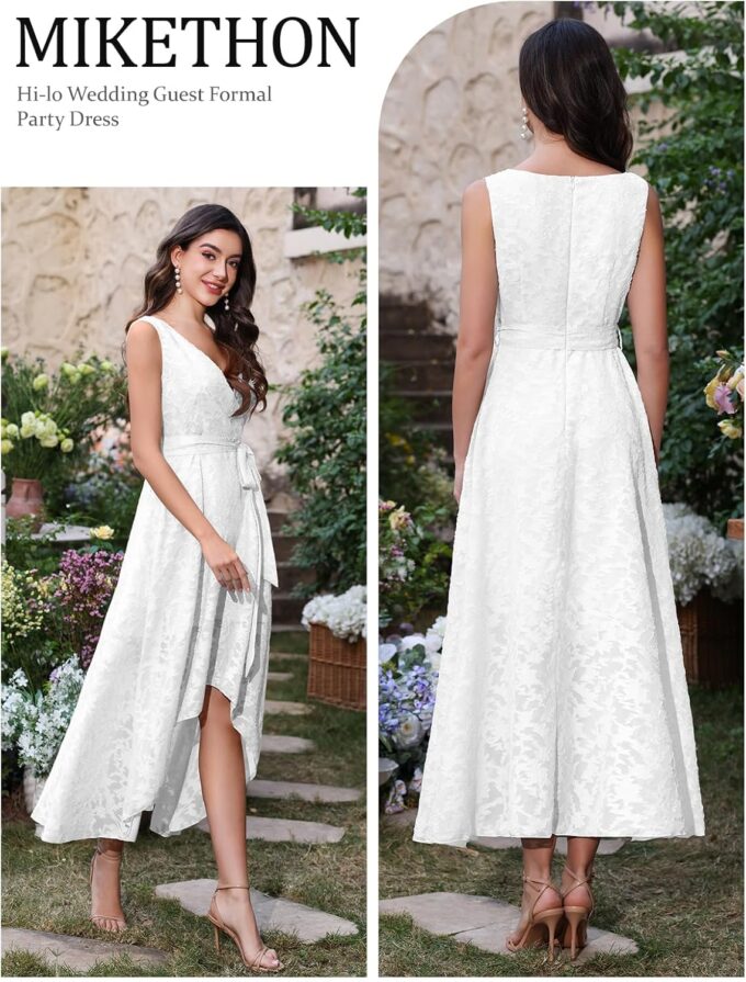 Women's Flowy Wedding Guest Dress A Line Jacquard Sleeveless High Low Midi Length Formal Summer Dress with Belt White M – Bild 2