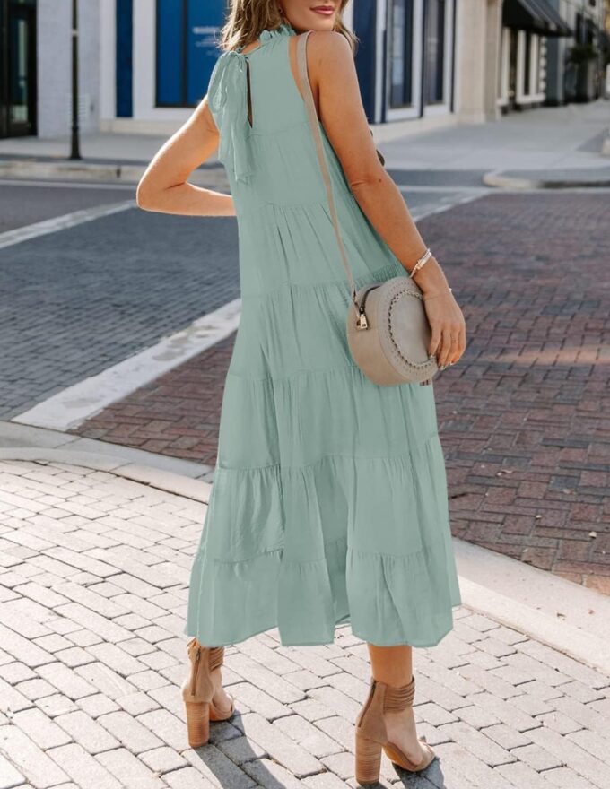 HAEOF Women's Summer Sleeveless Halter Midi Maxi Dress Casual Loose Fit Pleated Tiered Flowy Beach Vacation Long Sundress – Bild 3