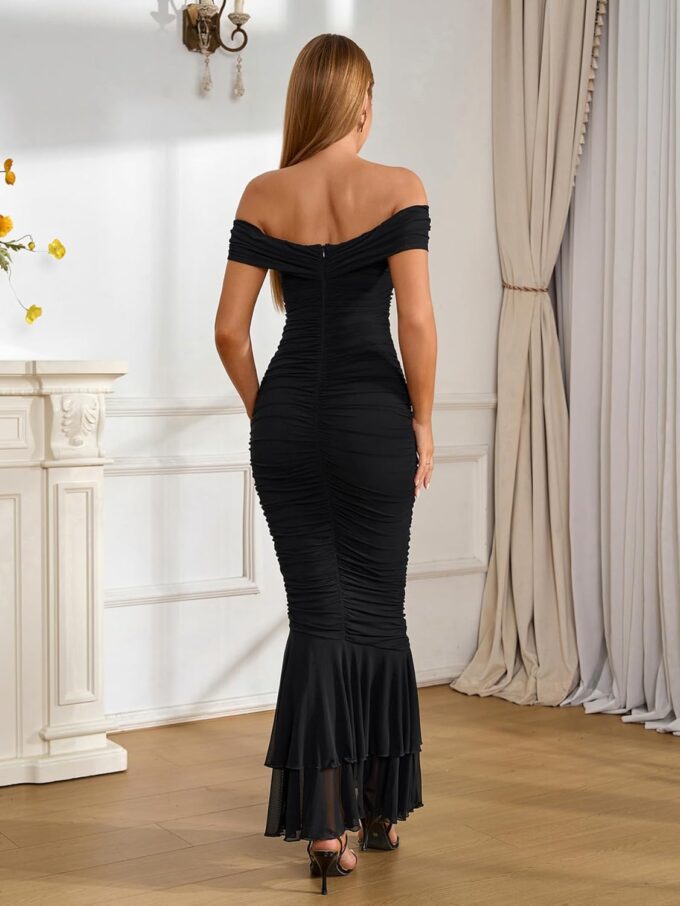 Women's Sexy Off Shoulder Ruched Bodycon Maxi Summer Dress Sleeveless Formal Wedding Guest Long Dresses – Bild 5