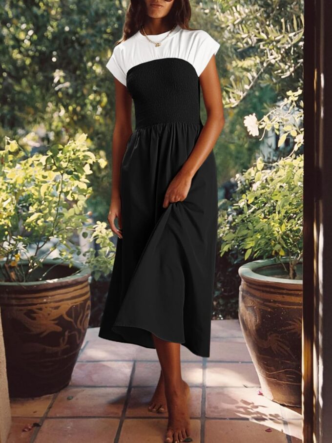 Wenrine Womens Casual Summer Midi Dress Smocked Cap Sleeve Crew Neck Color Block A Line Flowy Beach Dresses – Bild 6
