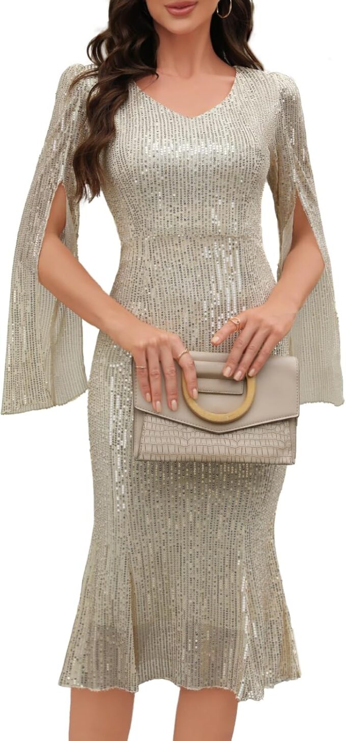 Sequin Cocktail Formal Dresses for Women,Weddings Guest Evening Party Gowns Slim Midi Fishtail Dress