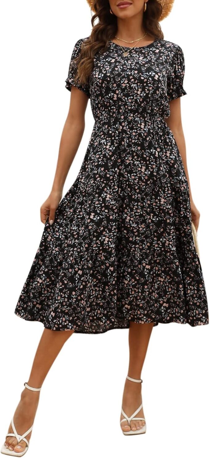 NAVINS Women Floral Print Puff Sleeve Tiered A-Line Swing Midi Dress with Pockets NA1002