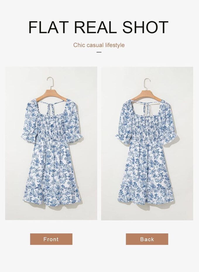 Dokotoo Womens Casual Summer Dresses Short Sleeve Square Neck Smocked Boho Floral Sundress Flowy A-Line Mini Dress – Bild 4
