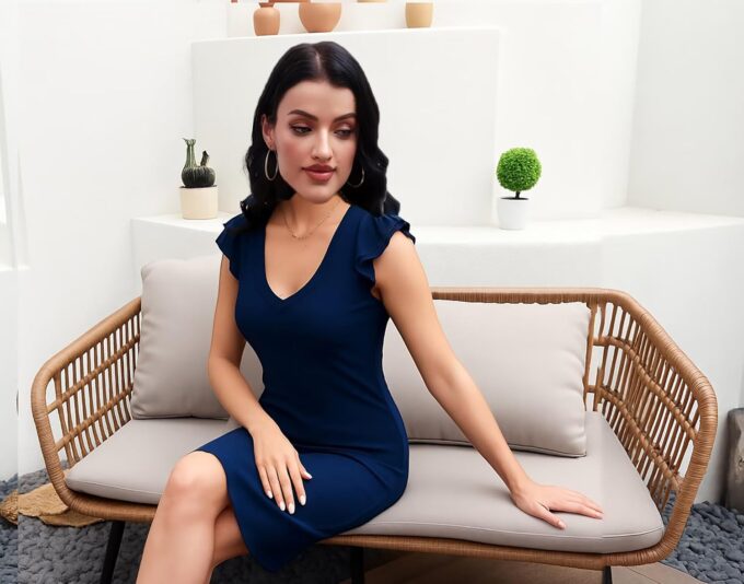 Women's Summer Mini Dresses Bodycon Ribbed Knit Sexy Cocktail Vacation Casual V Neck Ruffle Dress – Bild 2