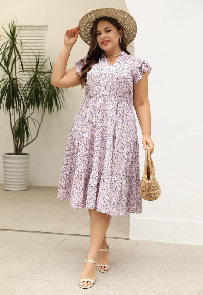 Keluummi Plus Size Wedding Guest Midi Dresses for Curvy Women, Summer Casual Floral Short Sleeve A Line Sundress with Pockets – Bild 7