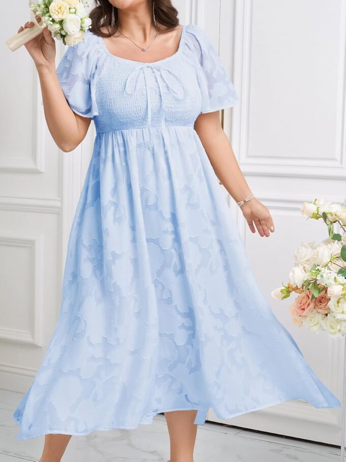 SCOMCHIC Women's Plus Size Formal Dresses Square Neck Short Sleeve Lace Floral Smocked Flowy Long Maxi Wedding Guest Dress – Bild 5