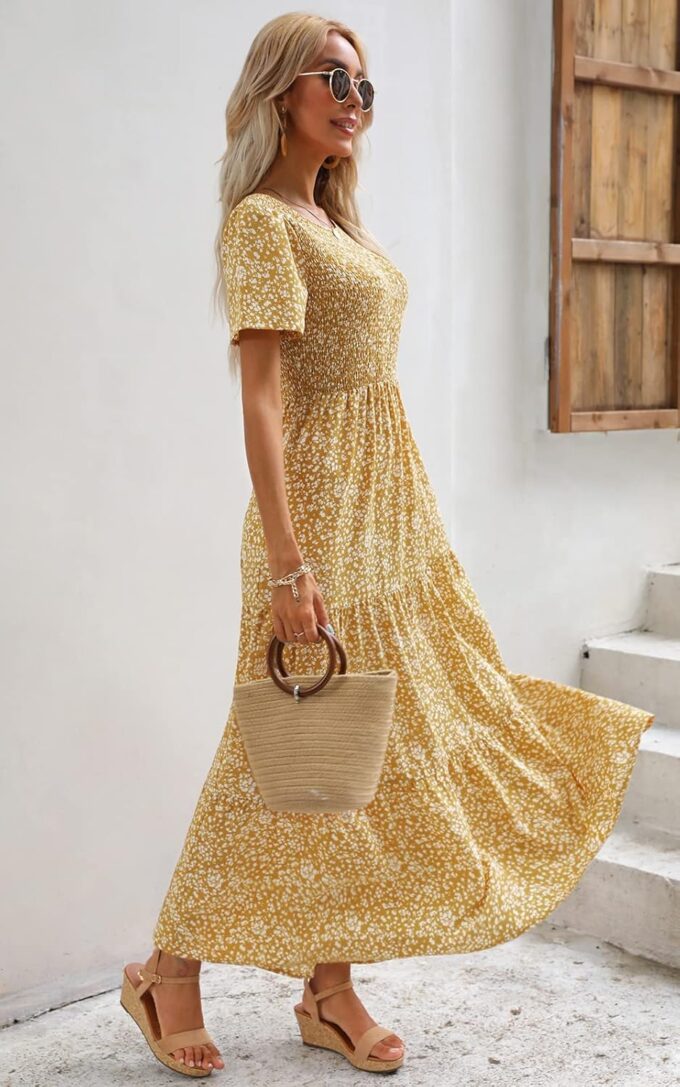 Maggeer Womens 2025 Spring Summer Smocked Wedding Guest Maxi Dress Casual Short Sleeve Floral Boho Flowy Long Dress – Bild 2