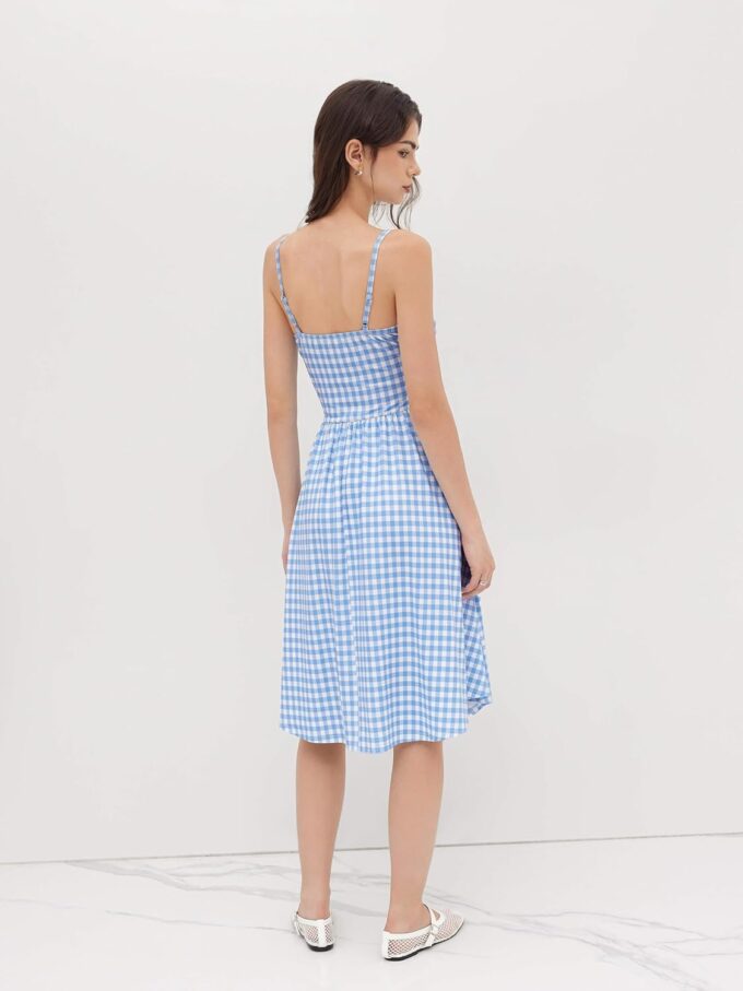 CIDER Women's Summer Gingham Midi Dress Sleeveless Ruched Plaid Dress Spaghetti Strap Dresses Casual Trendy – Bild 5