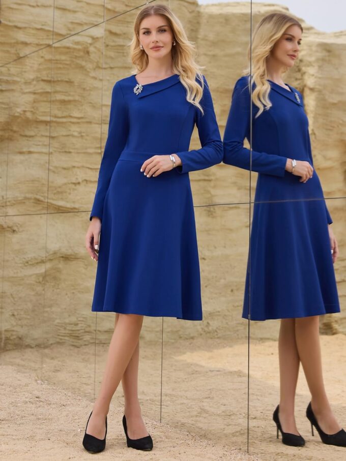 Hobemty Elegantes A-Linien-Kleid für Damen, asymmetrischer Ausschnitt, für die Arbeit, ausgestellte Kleider – Bild 2