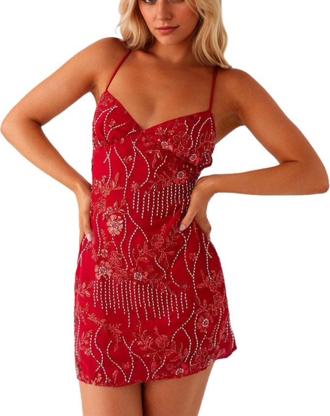 Women Sequin Sparkly Rhinestone Mini Dress Sleeveless Backless Deep V Neck Glitter Short Cami Dress Party Clubwear Red