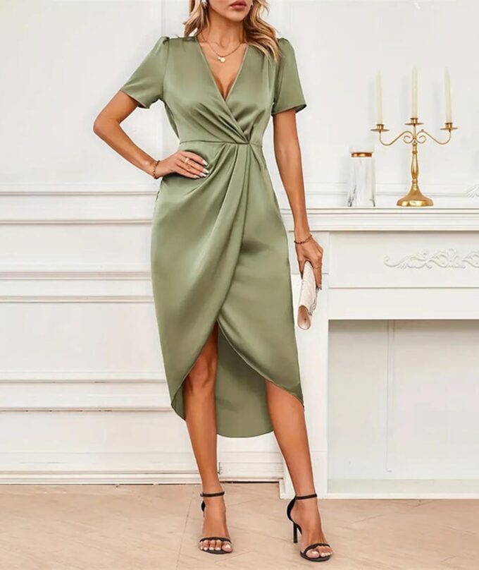 Sexyshine Women's Wrap V Neck Short Sleeve Satin Midi Dress Split Hem Ruched Pleated Formal Evening Party Dresses – Bild 5