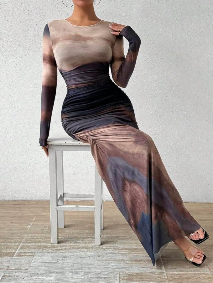 Women's Printed Bodycon Maxi Dress Long Sleeve Tie Dye Mesh Layered Dress – Bild 7