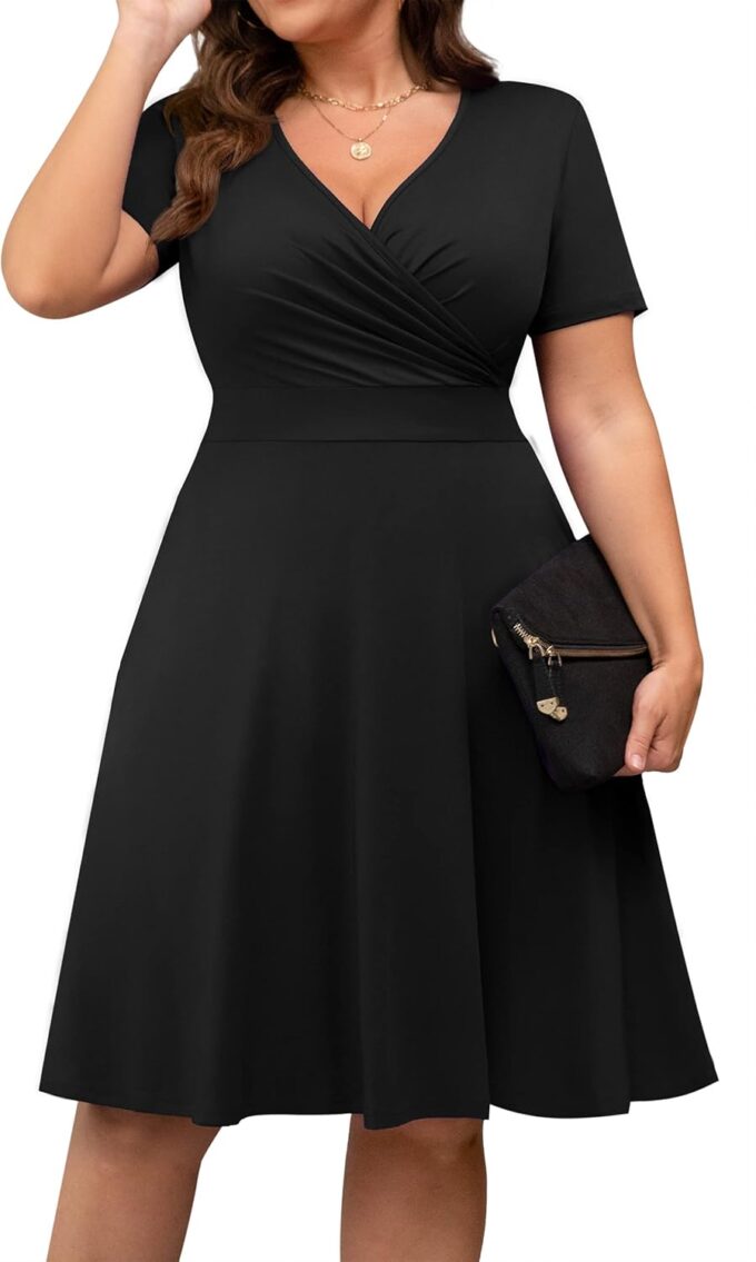 POSESHE Womens Plus Size Dresses Summer Short Sleeve Wrap V-Neck Sundress Casual Wedding Guest Cocktail Dress with Pockets – Bild 3