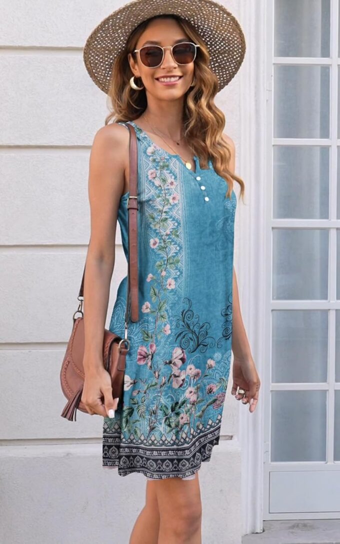 Disamer Womens Summer Dress 2025 Casual Button Down V Neck Sleeveless Boho Floral Beach Sundresses Vacation A-Line Dresses – Bild 4
