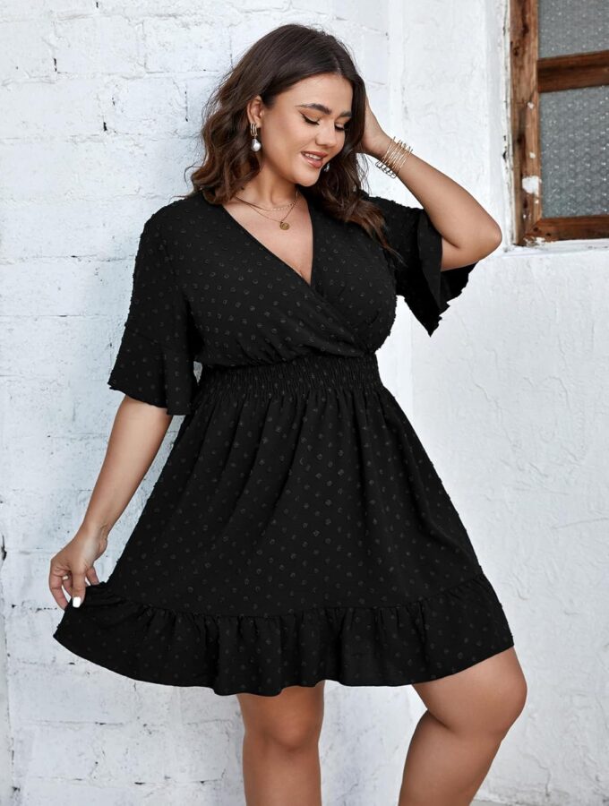 SCOMCHIC Plus Size Casual Summer Dress for Women Swiss Dot Wrap V Neck Ruffle Sleeve Smock Boho Mini Dress – Bild 2