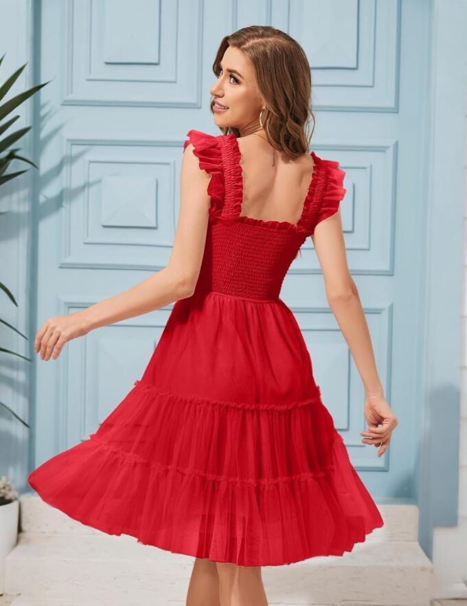 Meetjen Womens Prom Dresses 2025 Fancy Cocktail Tulle Ruffle Tiered Smocked Knee Length Square Neck Homecoming Dress – Bild 5