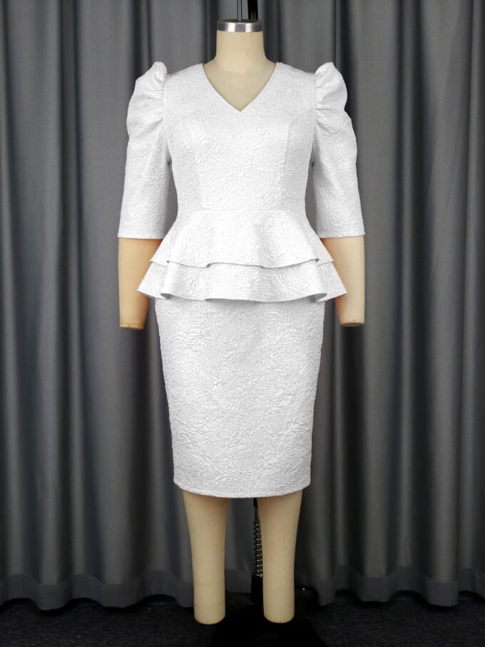 AOMEI Damen-Midikleid mit V-Ausschnitt, Schößchen, Jacquard-Midikleid, Arbeitskleidung für die Arbeit, 3/4-Puffärmel, Etuikleider für Damen, 2025, Büro – Bild 4