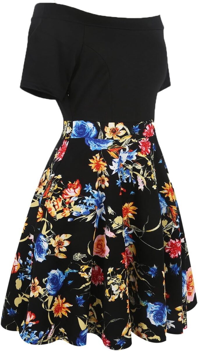 oxiuly Women's Vintage Off Shoulder Pockets Casual Floral A-Line Party Cocktail Swing Dress OX232 – Bild 3