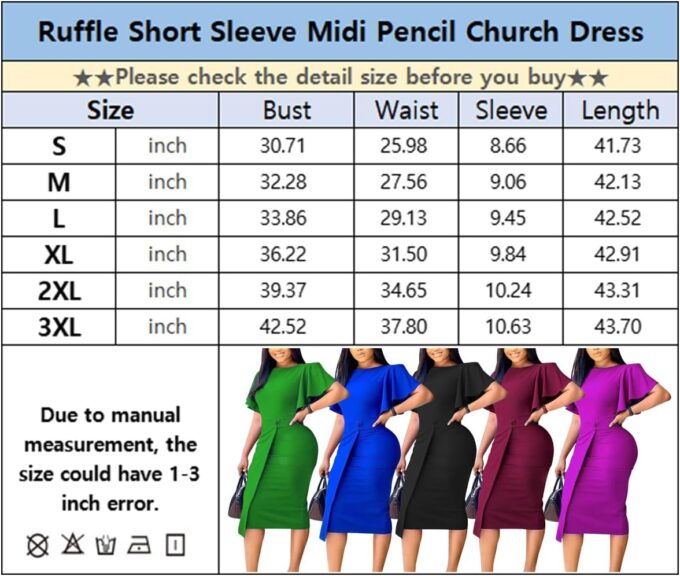 WUSENST Damen Elegant Basic Bodycon Rüschen Ausgestellt Kurzarm Solid Rundhals Bleistift Midi Kleid – Bild 3