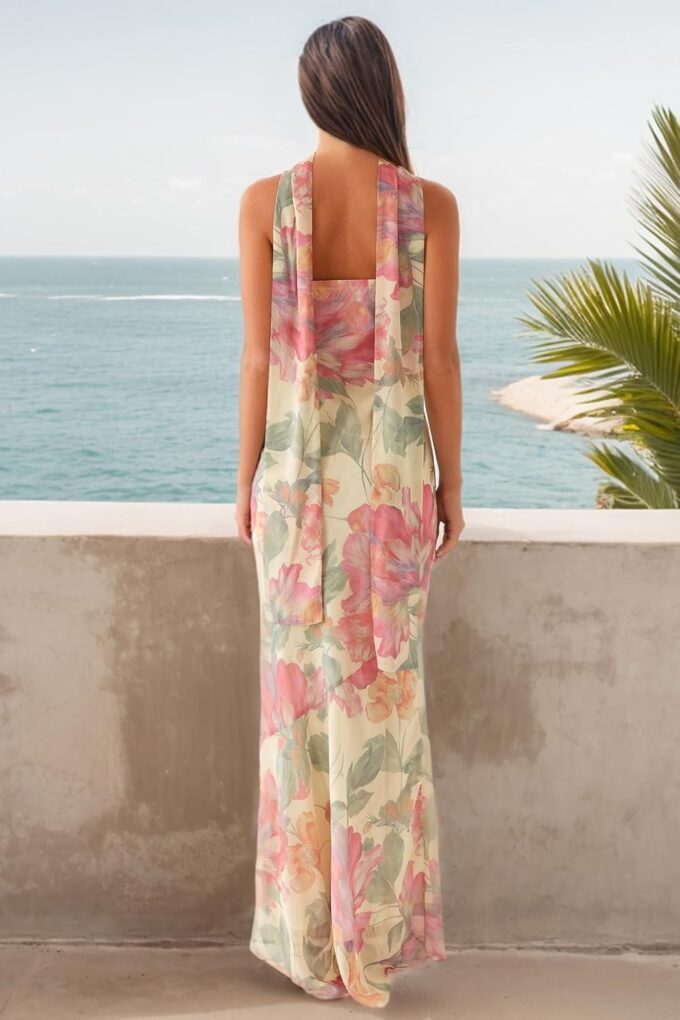 Women Floral Maxi Dress with Scarf Party Club Homecoming Cockatail – Bild 4
