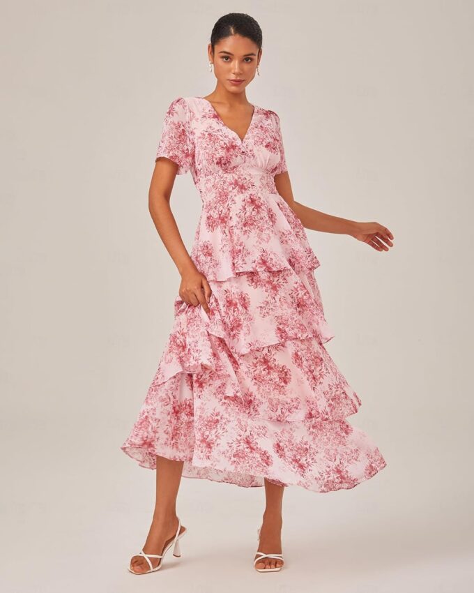 ADOR Women's Floral Summer Empire Waist V Neck Casual Long Flowy Chiffon Maxi Dress Ruffle Tiered Short Sleeve A-line Dreses – Bild 2