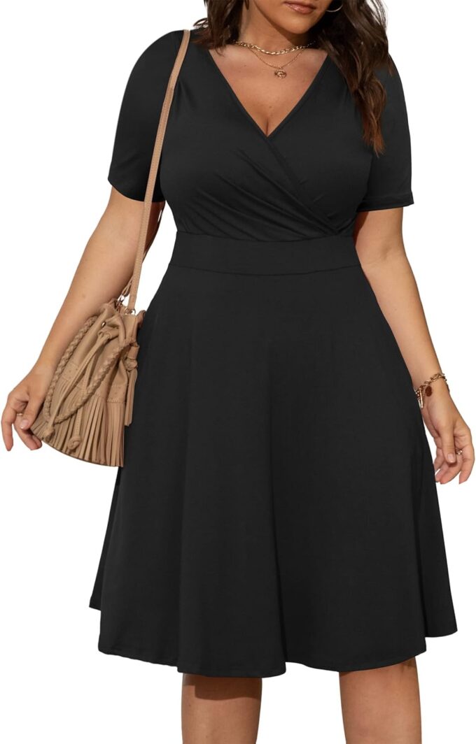 POSESHE Womens Plus Size Dresses Summer Short Sleeve Wrap V-Neck Sundress Casual Wedding Guest Cocktail Dress with Pockets