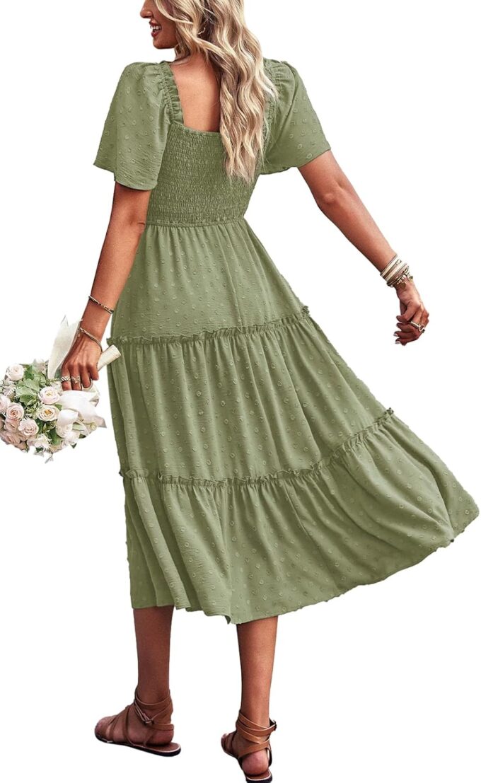 Women's Casual Summer Dress 2025 Square Neck Flutter Sleeve Smocked Tiered Midi Dress Swiss Dot Boho Flowy Dresses – Bild 6