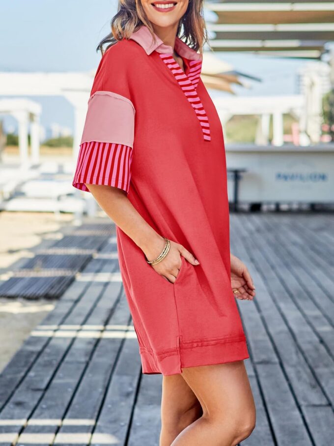 Wenrine Women's Polo V Neck T Shirt Dress Casual Summer Oversized Color Block Short Sleeve Sweatshirt Mini Dresses – Bild 3