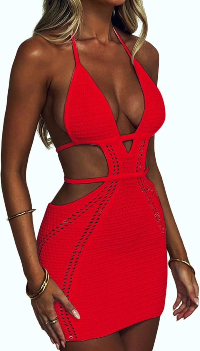 Women's Sexy Halter Hollow Out Knitted Mini Dress Sleeveless Backless Lace Up Bodycon Summer Beach Dress – Bild 3