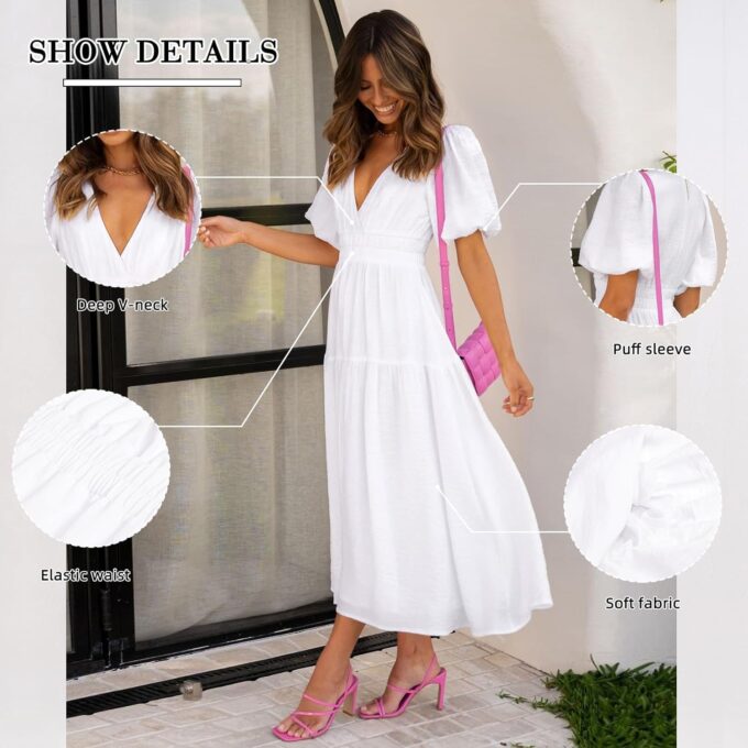 2025 Summer Deep V Neck Casual Dresses for Women Elegant Flowy Midi Dress Wedding Guest Dress – Bild 2