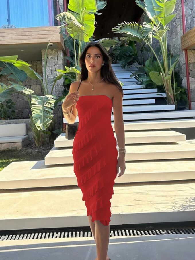 HOCILLE Women's Sexy Strapless Tube Top Bodycon Sleeveless Ruffle Midi Party Cocktail Dress – Bild 5