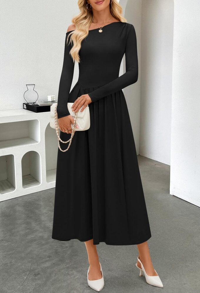 MEROKEETY Women's Fall Long Sleeve Maxi Dresses 2025 Off Shoulder Slim Swing Pleated Formal Dress Pockets – Bild 6