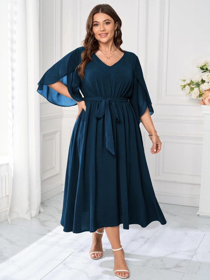 Womens Plus Size Dress Wedding Guest Cocktail Chiffon 3/4 Sleeve V Neck Slit A Line Maxi Dress Formal with Belt – Bild 2