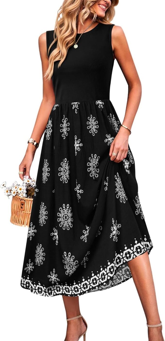 MCKOL Women Sleeveless Crewneck Ruched High Waisted Tank Long Sundress Wedding Guest Cocktail Boho Maxi Dress with Pockets