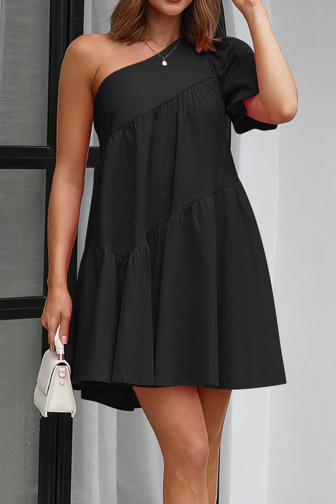 KIRUNDO Summer One Shoulder Mini Baby Doll Dresses Women 2025 Casual Puff Sleeve Loose Tiered A Line Flowy Short Dress – Bild 3