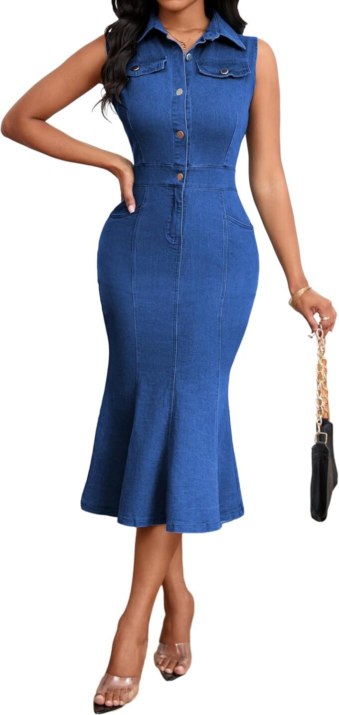 SeNight Women's Denim Dress Sexy V Neck Bodycon Mini Dresses – Bild 6