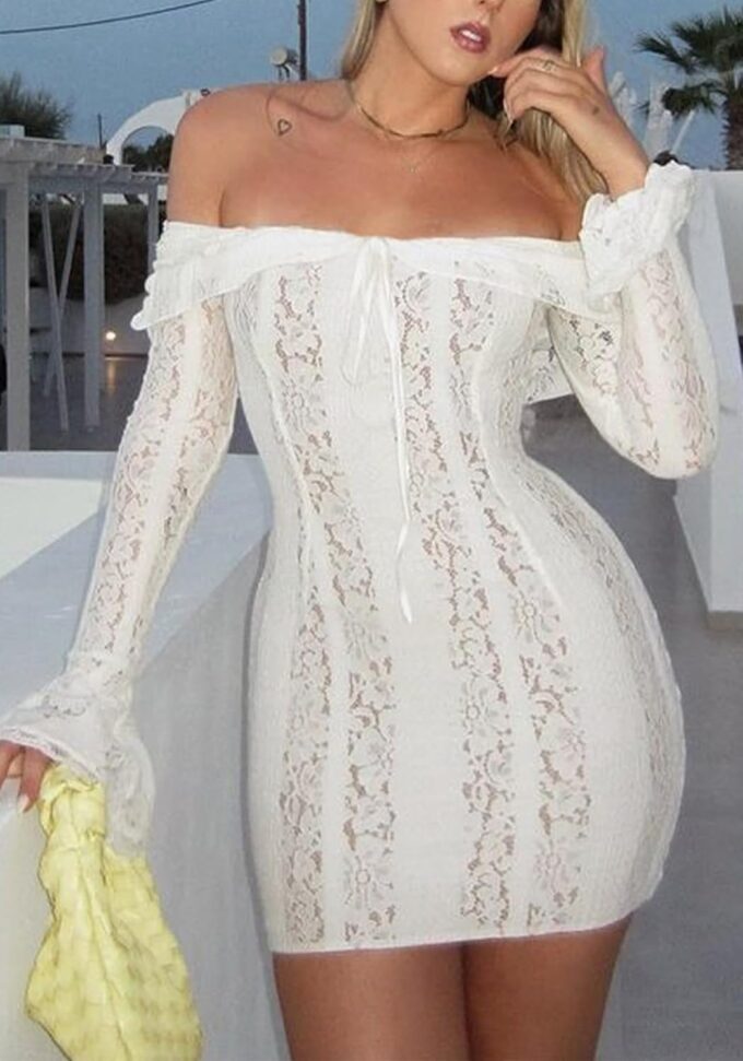 Women Elegant Off Shoulder Lace Bodycon Maxi Dress Bell Sleeve Mesh Sheer Mermaid Wedding Party Dress – Bild 5
